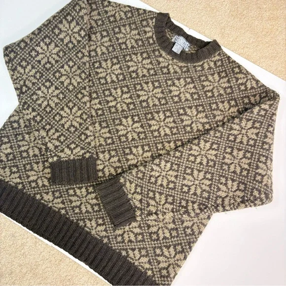 Vintage 90s Fogcutter Moss Brown Nordic Print 100% Wool Heavy Winter Sweater‎ XL